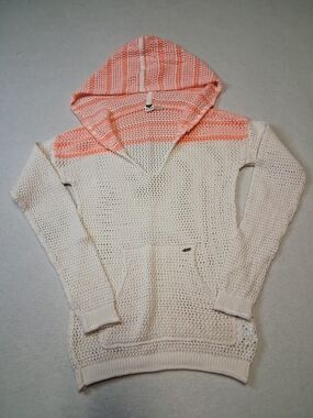 Roxy Cream Open-Knit Hoodie with Coral Pink Hood